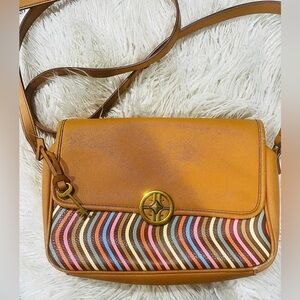 Rare Vintage Leather Fossil Bag Multicolor Wave Pattern Key Charm Clean Inside